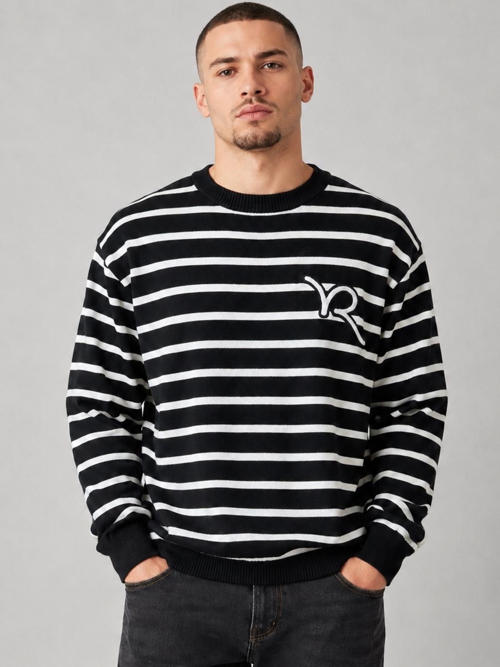 Rocawear Men’s Vintage Striped Knit Sweater Black White Crewneck Y2K Hip Hop L